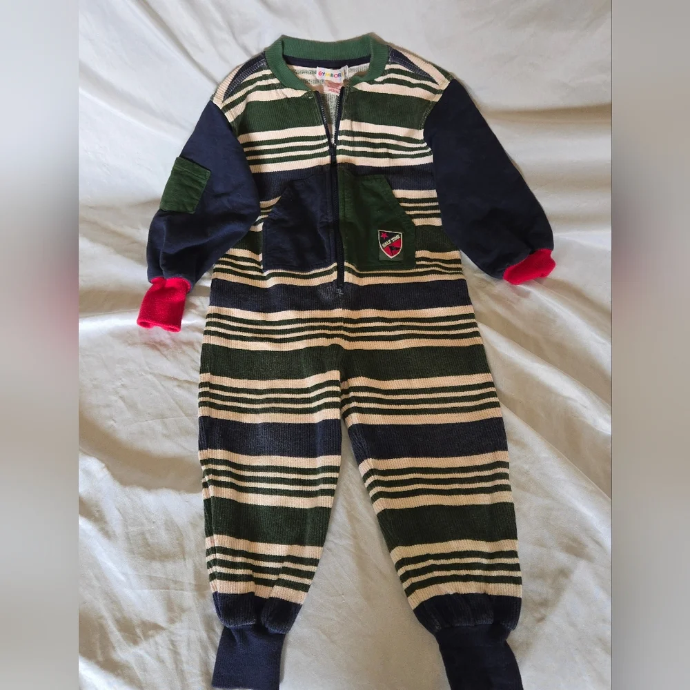 Gymboree Boys Vintage Rainbow Tag Green and Navy Striped Kids Footie